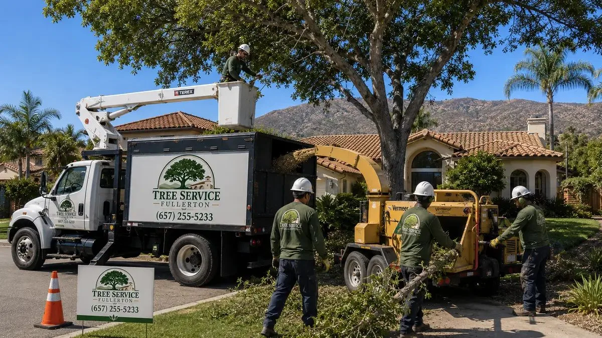 Tree service crew working at a Fullerton-area home