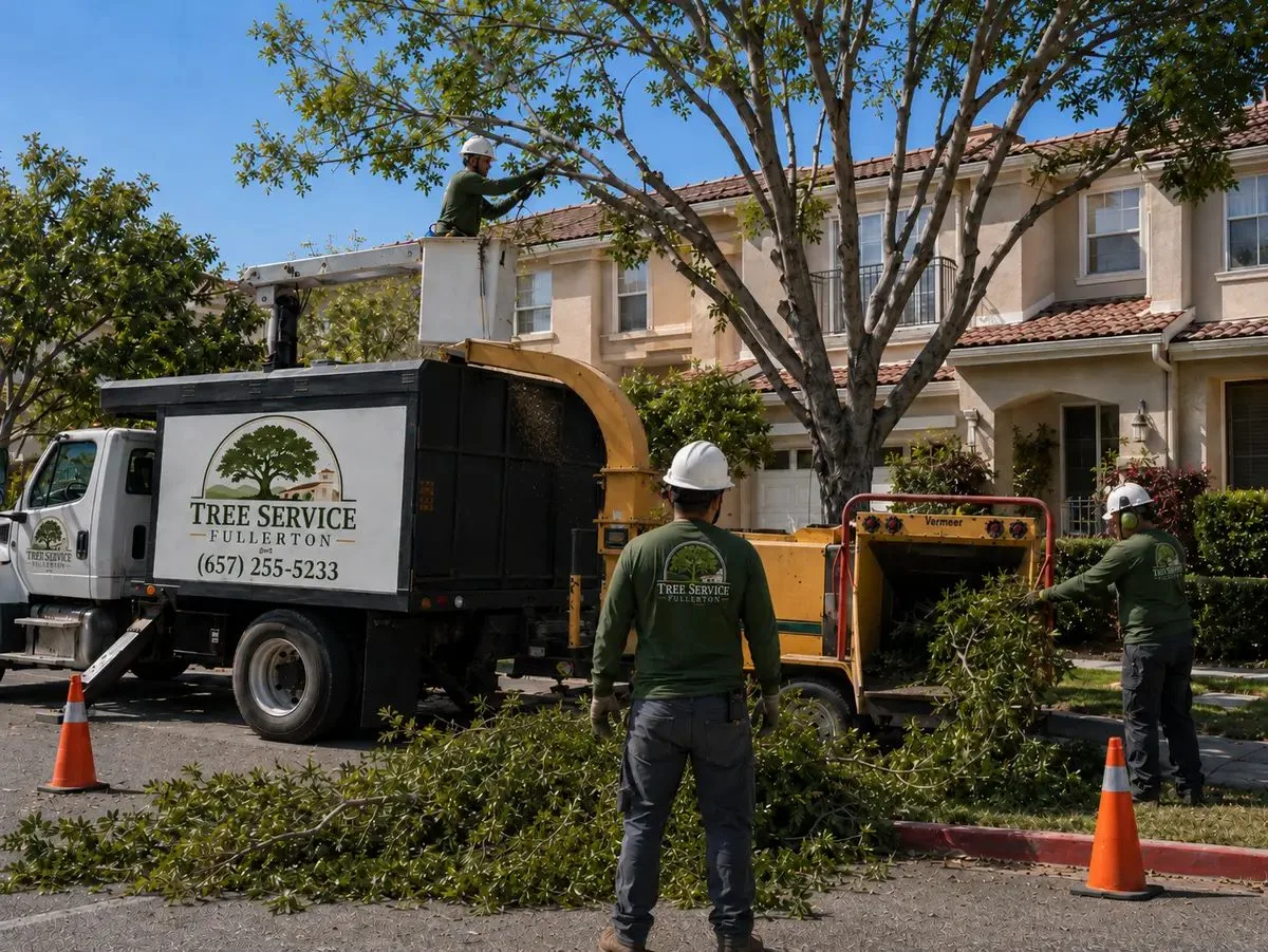 Tree trimming and crown reduction work at a Fullerton property
